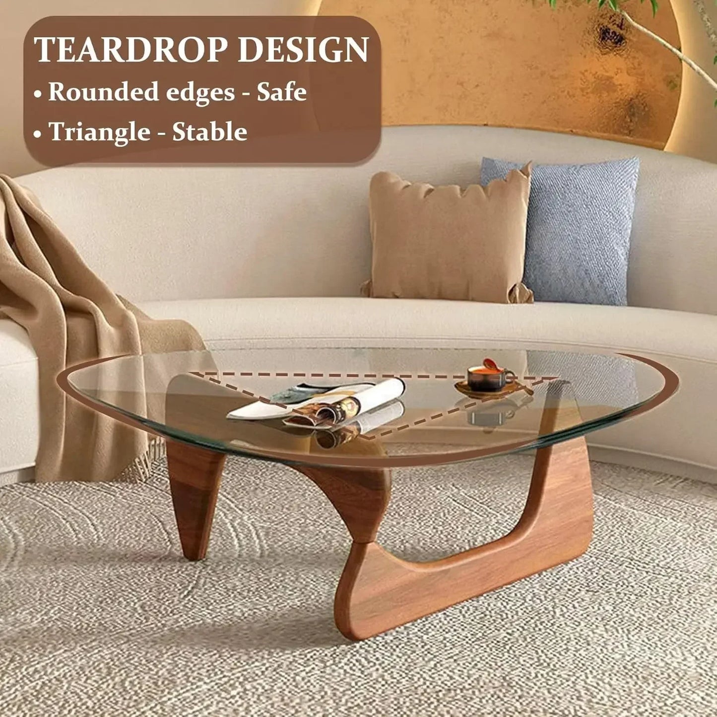 Triangle Glass Coffee Table with Wooden Base