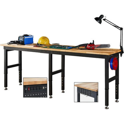Adjustable Heavy-Duty Workbench, Rubber Wood Top with Power Outlets & Hooks