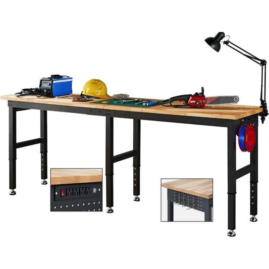 Adjustable Heavy-Duty Workbench, Rubber Wood Top with Power Outlets & Hooks