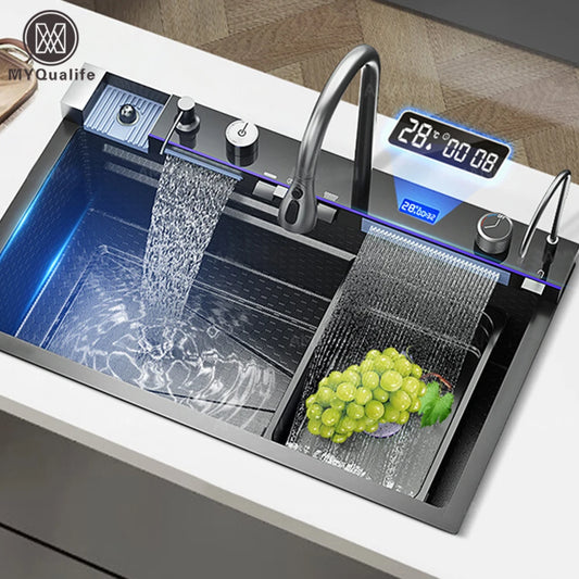 Stainless Steel Waterfall Kitchen Sink With Large Single Slot Integrated Digital Display, Faucet Set, Soap Dispenser And Cup Washer