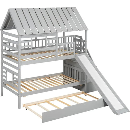 Kids Twin Over Twin Solid Wood Playhouse Bunk Beds with Slide and Trundle