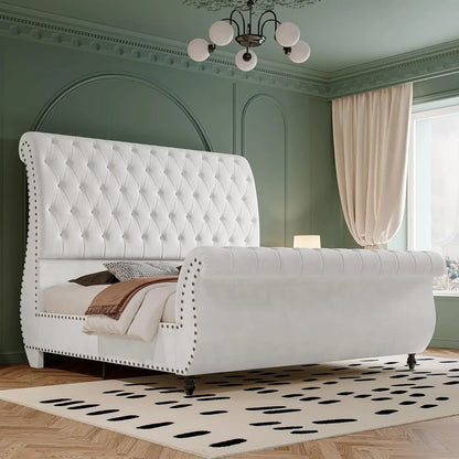 Queen Size Velvet Upholstered Platform Sleigh Bed with Scroll Headboard & Footboard