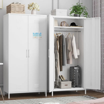 Heavy-Duty Rustproof Metal Storage Cabinet with Fixed Shelf and Hanging Rod
