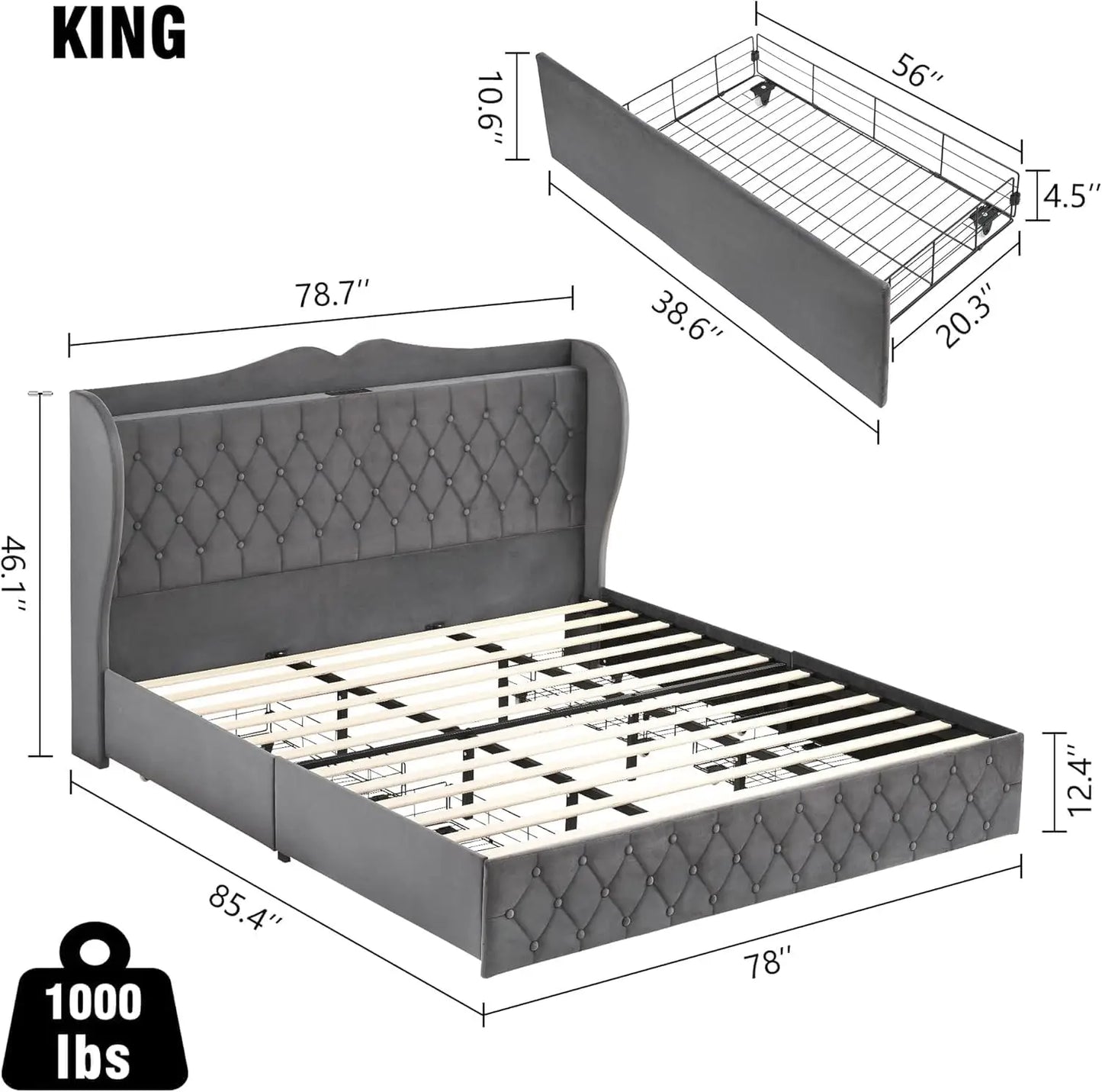 Velvet Upholstered Platform Bed with Tall Headboard, Charging Station and 4 Storage Drawers