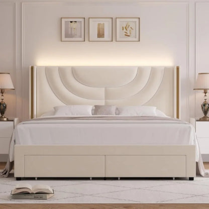 Upholstered Bed Frame with 2 Storage Drawers