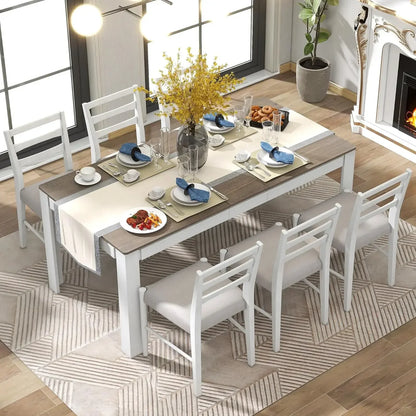 7-Piece Wooden Dining Table Set with 6 Upholstered Chairs