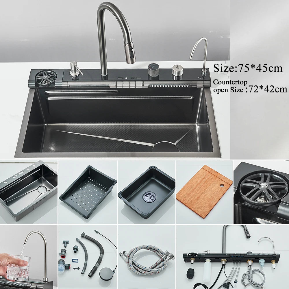 Stainless Steel Waterfall Kitchen Sink With Large Single Slot Integrated Digital Display, Faucet Set, Soap Dispenser And Cup Washer