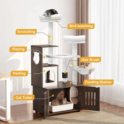 Indoor Cat Tree with Wood House And Litter Box Enclosure