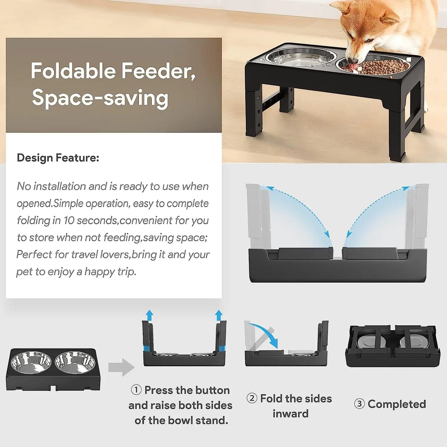 Multi Height Folding Feeder For Dog & Cat Stainless Steel Bowls!