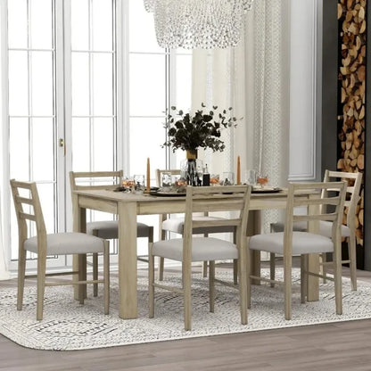7-Piece Wooden Dining Table Set with 6 Upholstered Chairs