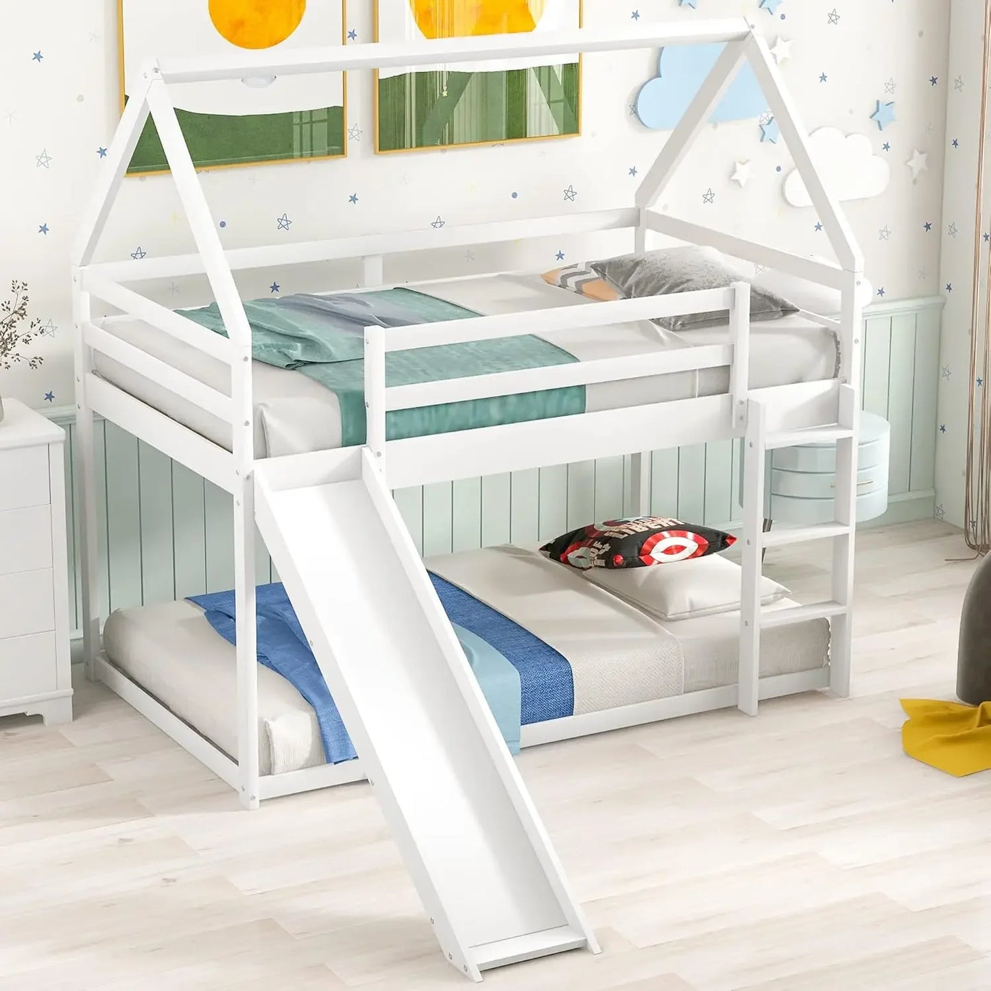 Kids Twin Over Twin Solid Wood Playhouse Bunk Beds with Slide and Trundle