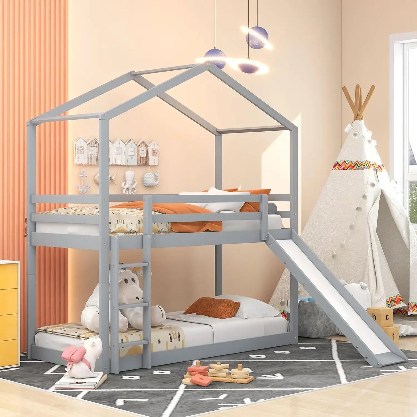 Kids Twin Over Twin Bunk Beds with Slide and Trundle with Stairs and Storage