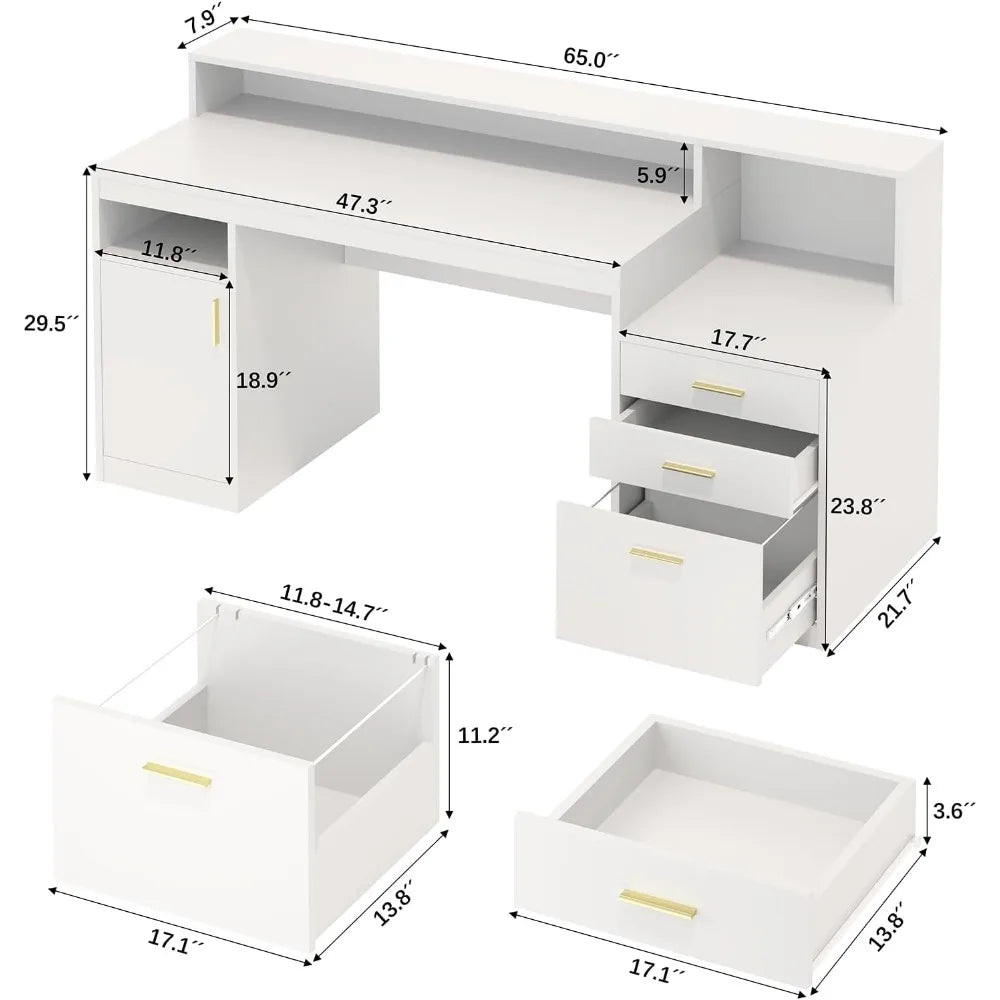 65" Office Desk with 3 Drawers & 1 Storage Cabinet with Monitor & Printer Stand