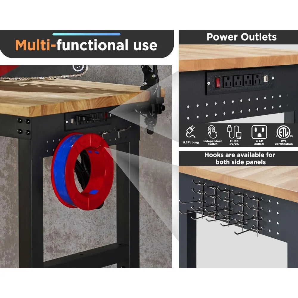 Adjustable Heavy-Duty Workbench, Rubber Wood Top with Power Outlets & Hooks