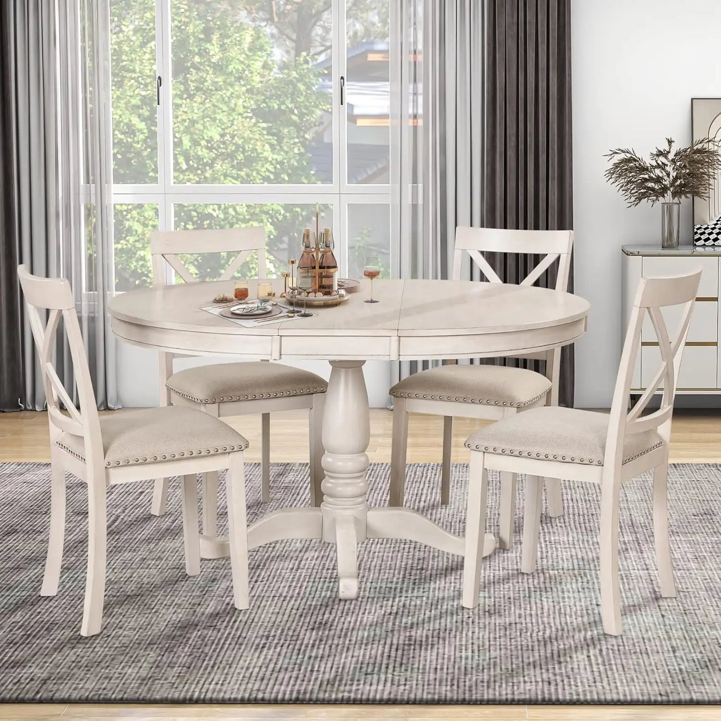 5-Piece Farmhouse Dining Table Set With 4 Upholstered Dining Chairs