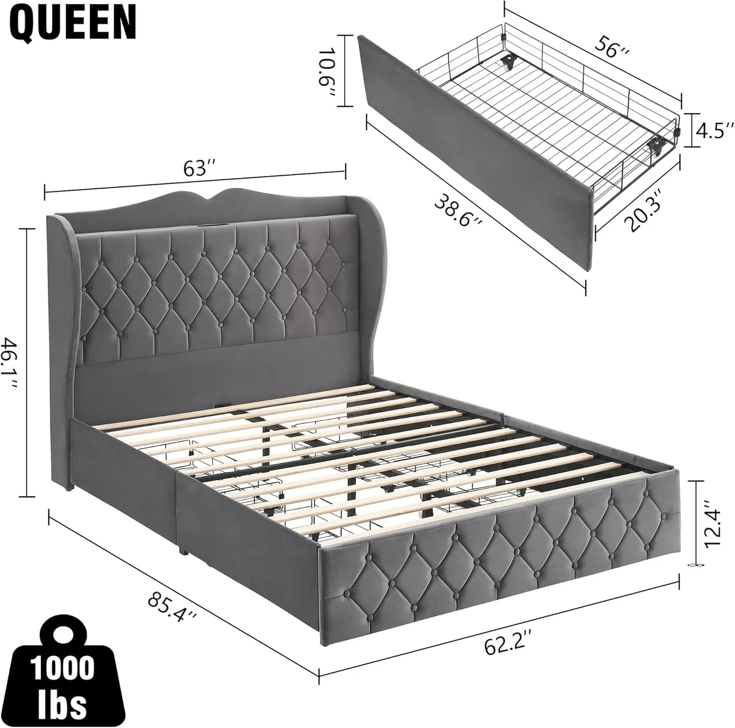 Velvet Upholstered Platform Bed with Tall Headboard, Charging Station and 4 Storage Drawers