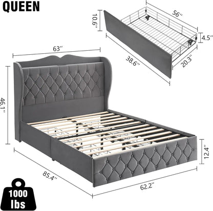 Velvet Upholstered Platform Bed with Tall Headboard, Charging Station and 4 Storage Drawers