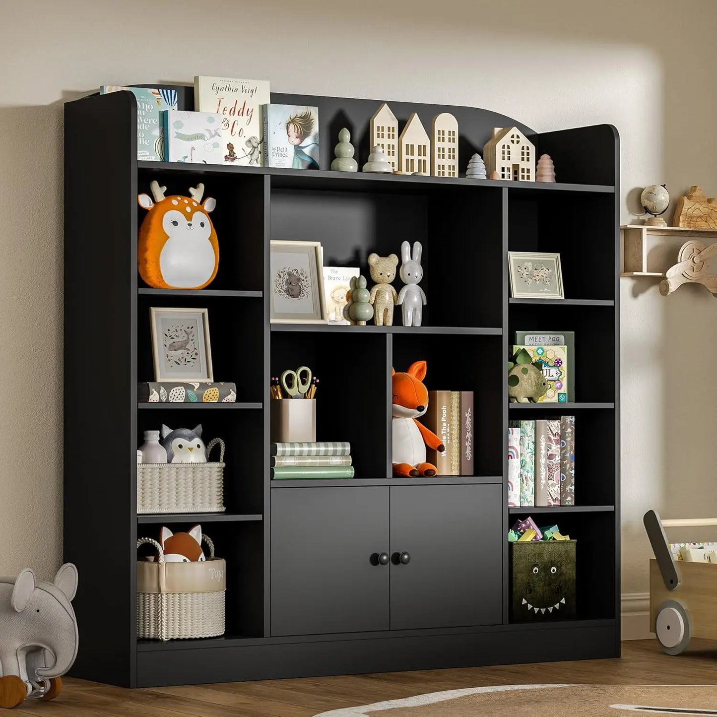 Freestanding Bookcase with 11 Cubbies and 2 Cabinets