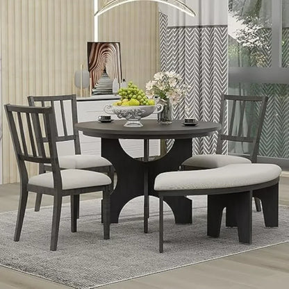 44" Round Table Set with Curved Bench & 3 Chairs