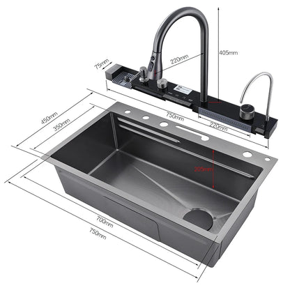 Stainless Steel Waterfall Kitchen Sink With Large Single Slot Integrated Digital Display, Faucet Set, Soap Dispenser And Cup Washer