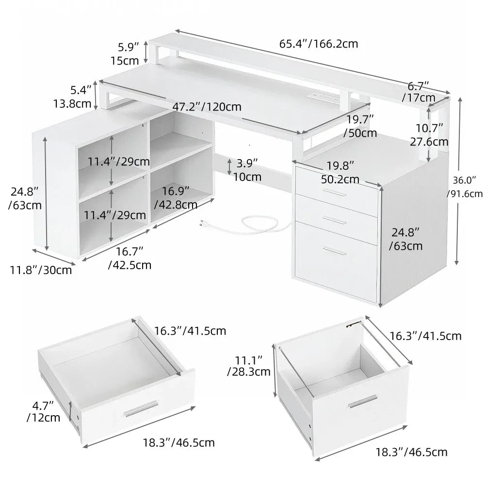 65" L Shaped Desk With Power Outlets, Monitor Stand And LED Light