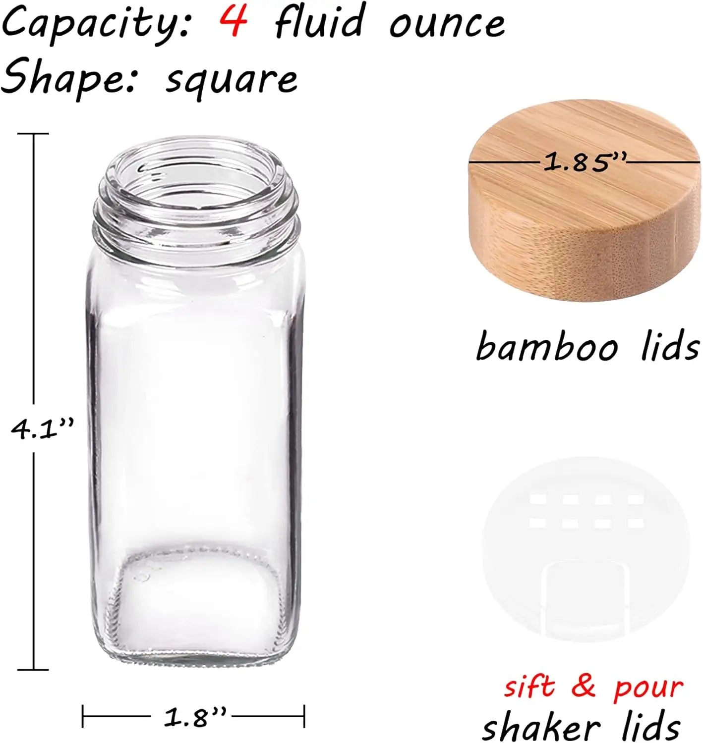 48 - 4 Oz Glass Spice Containers with Bamboo Shaker Lids and Labels