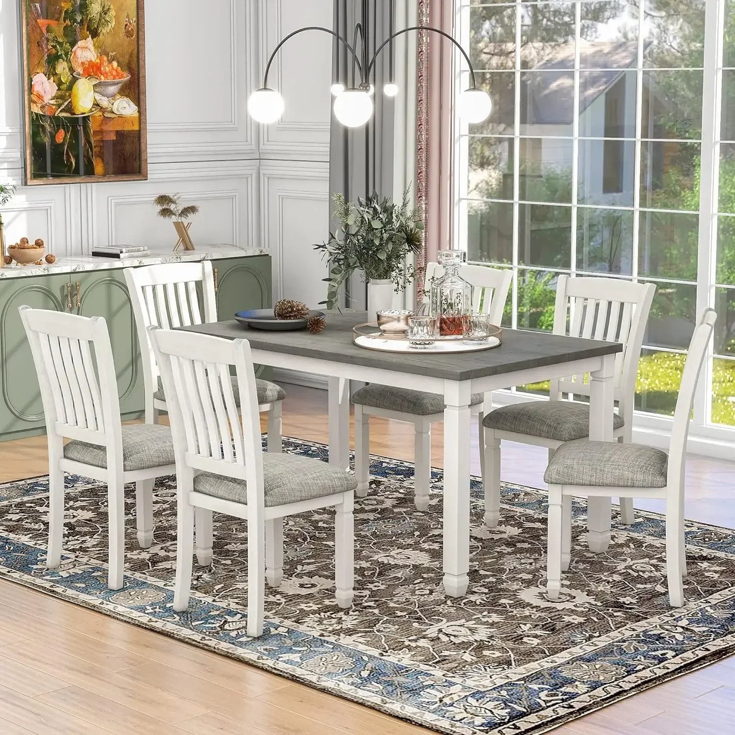 7-Piece Wooden Dining Table Set with 6 Upholstered Chairs