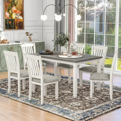 7-Piece Wooden Dining Table Set with 6 Upholstered Chairs