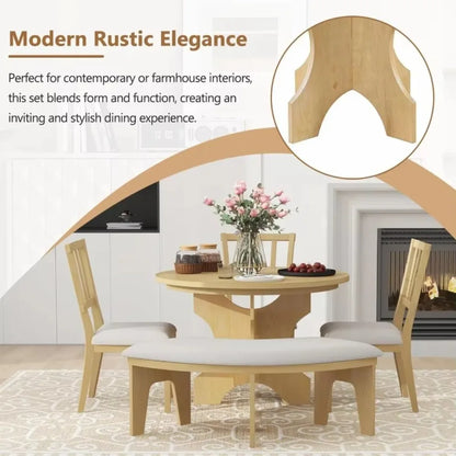 5 Piece Solid Wood 44” Round Dining Table with Upholstered Curved Bench and 3 Upholstered Chairs