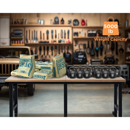 Adjustable Heavy-Duty Workbench, Rubber Wood Top with Power Outlets & Hooks