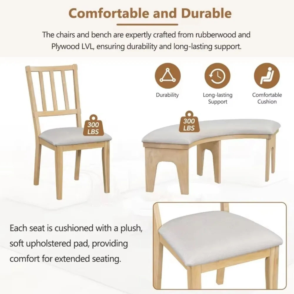 5 Piece Solid Wood 44” Round Dining Table with Upholstered Curved Bench and 3 Upholstered Chairs