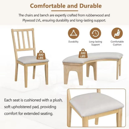 5 Piece Solid Wood 44” Round Dining Table with Upholstered Curved Bench and 3 Upholstered Chairs