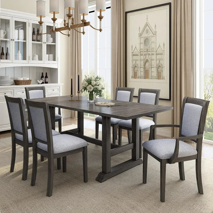 7-Piece Wooden Dining Table Set with 6 Upholstered Chairs