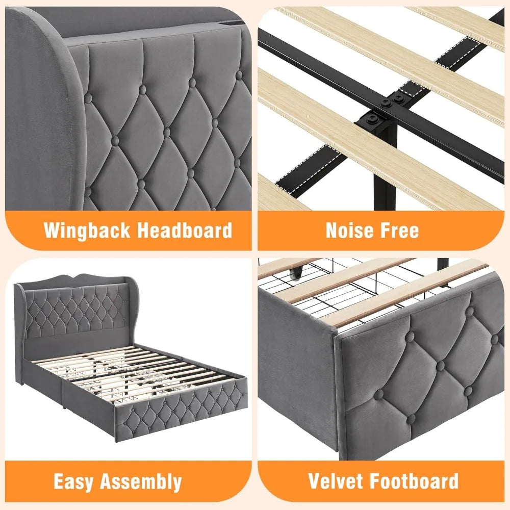 Velvet Upholstered Platform Bed with Tall Headboard, Charging Station and 4 Storage Drawers