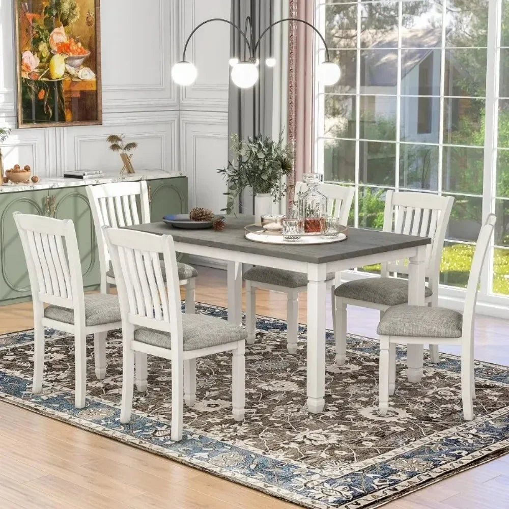 7-Piece Wooden Dining Table Set with 6 Upholstered Chairs