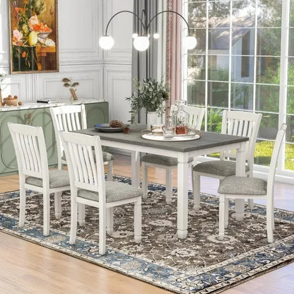 7-Piece Wooden Dining Table Set with 6 Upholstered Chairs