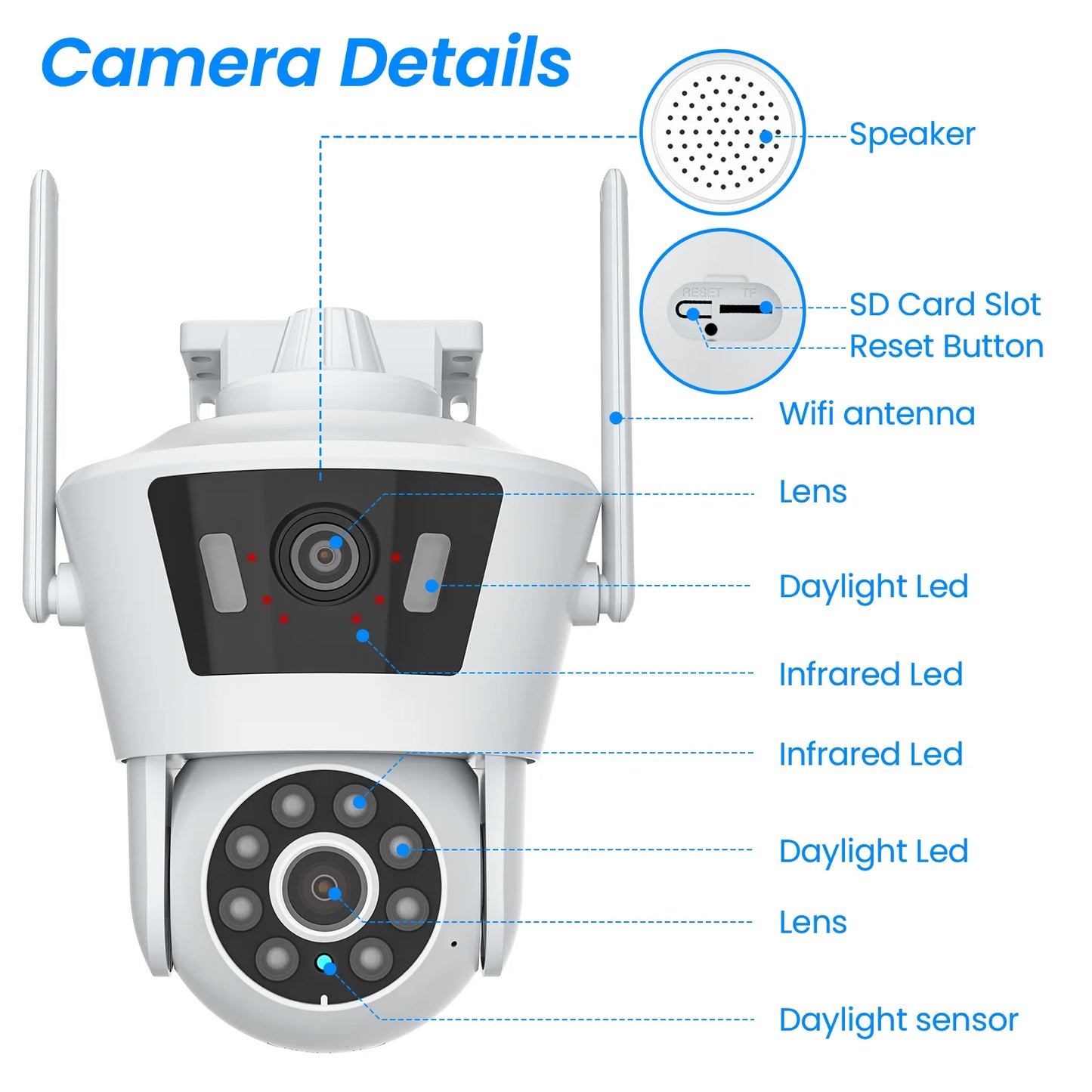 Wireless PTZ WIFI Security Camera With Dual Lens 6MP 2K Camera, Color Night Vision, Two Way Audio And 4X Digital Zoom