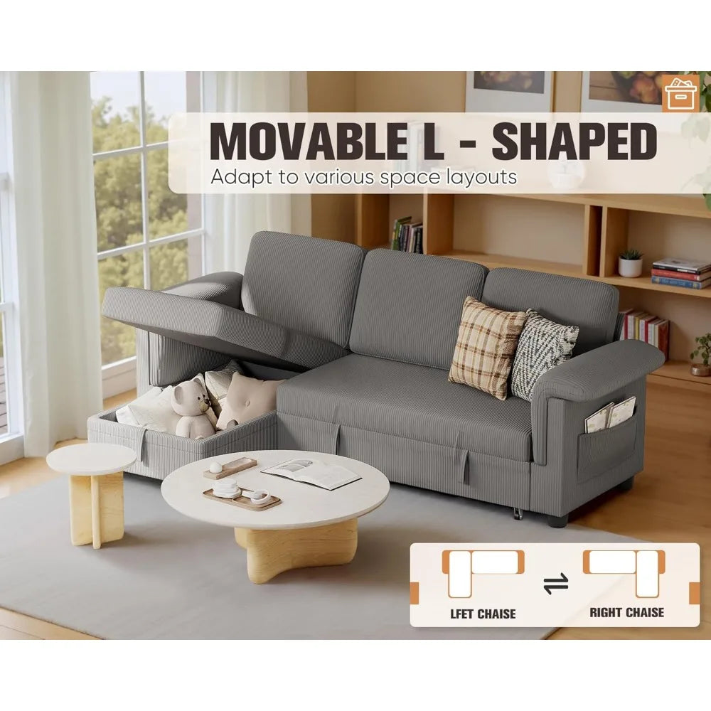 Pull Out Sleeper Couch with Storage and Reversible Chaise