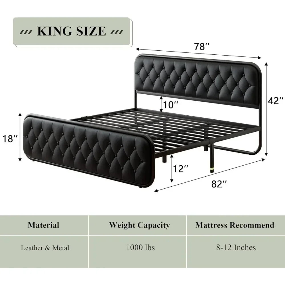 Heavy Duty Bed Frame With Faux Leather Headboard And Under-Bed Storage