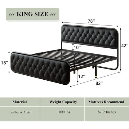 Heavy Duty Bed Frame With Faux Leather Headboard And Under-Bed Storage