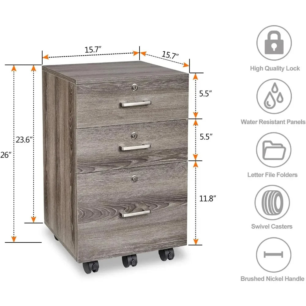 3 Drawer Rolling File Cabinet with Lock for Home Office