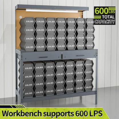Steel Work Bench with Drawers, Pegboard, Light and Power Outlets