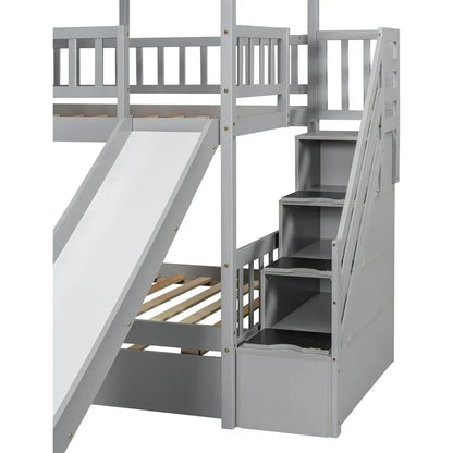 Kids Twin Over Twin Bunk Beds with Slide and Trundle with Stairs and Storage