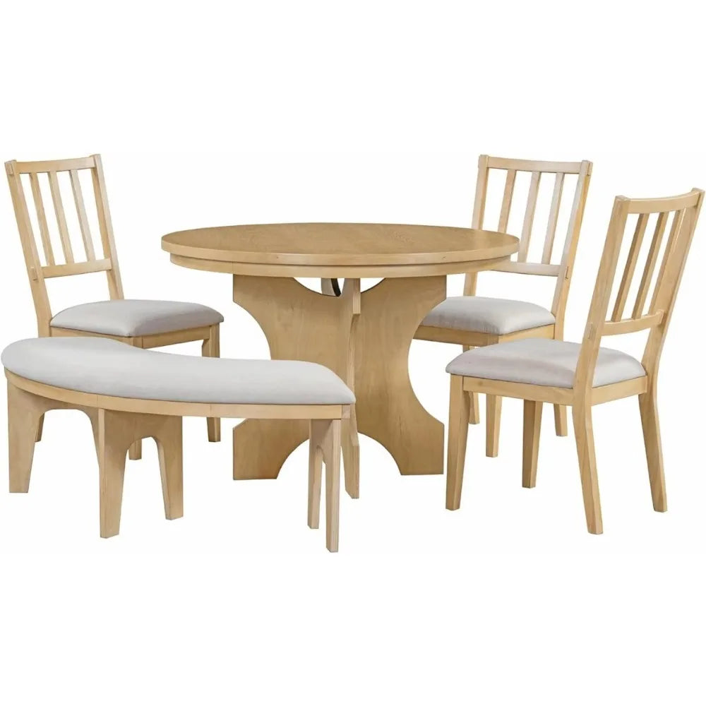5 Piece Solid Wood 44” Round Dining Table with Upholstered Curved Bench and 3 Upholstered Chairs