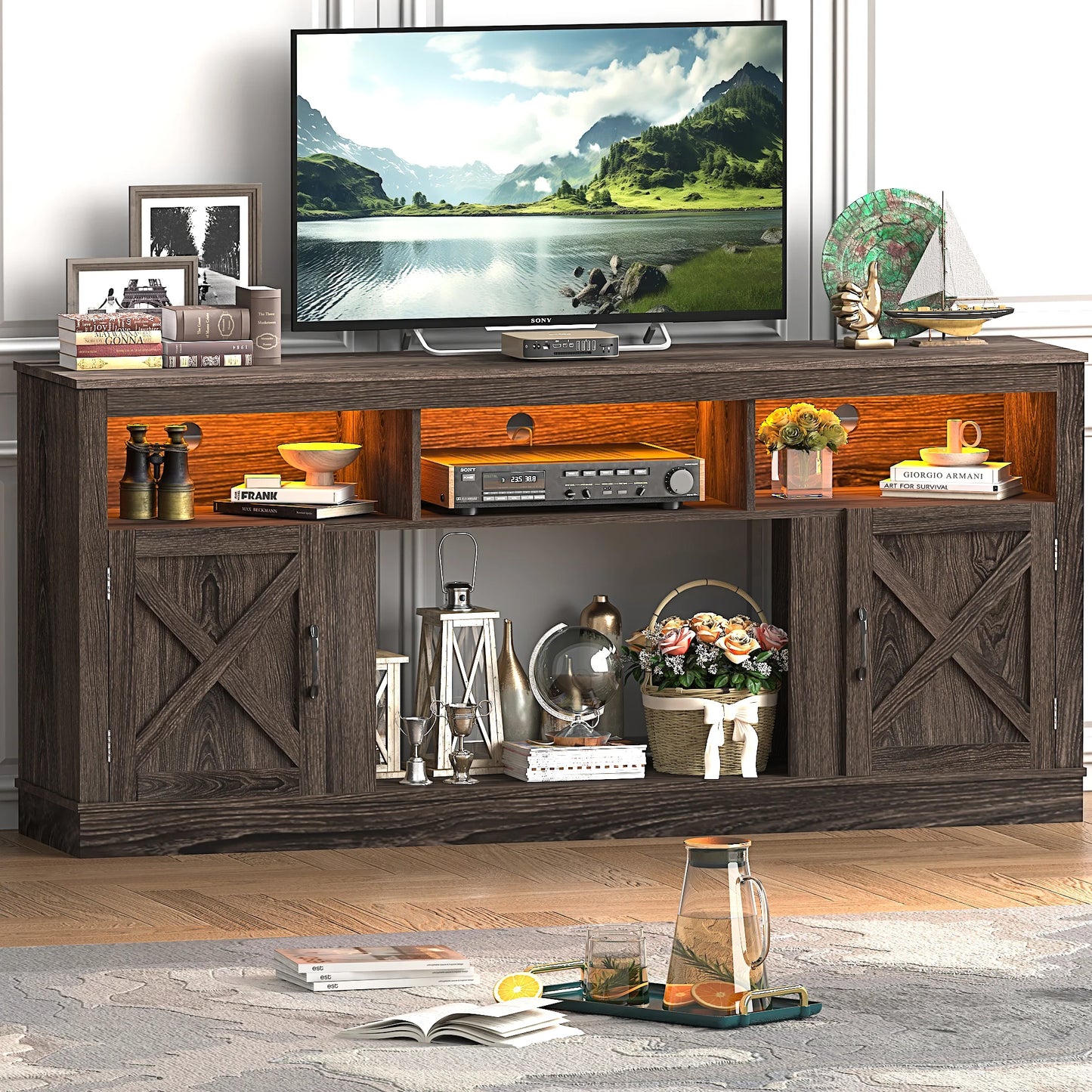 Farmhouse Fireplace TV Stand for 70/75/80” TV, 71” Entertainment Center with 36”Electric Fireplace & LED Light, White/Grey