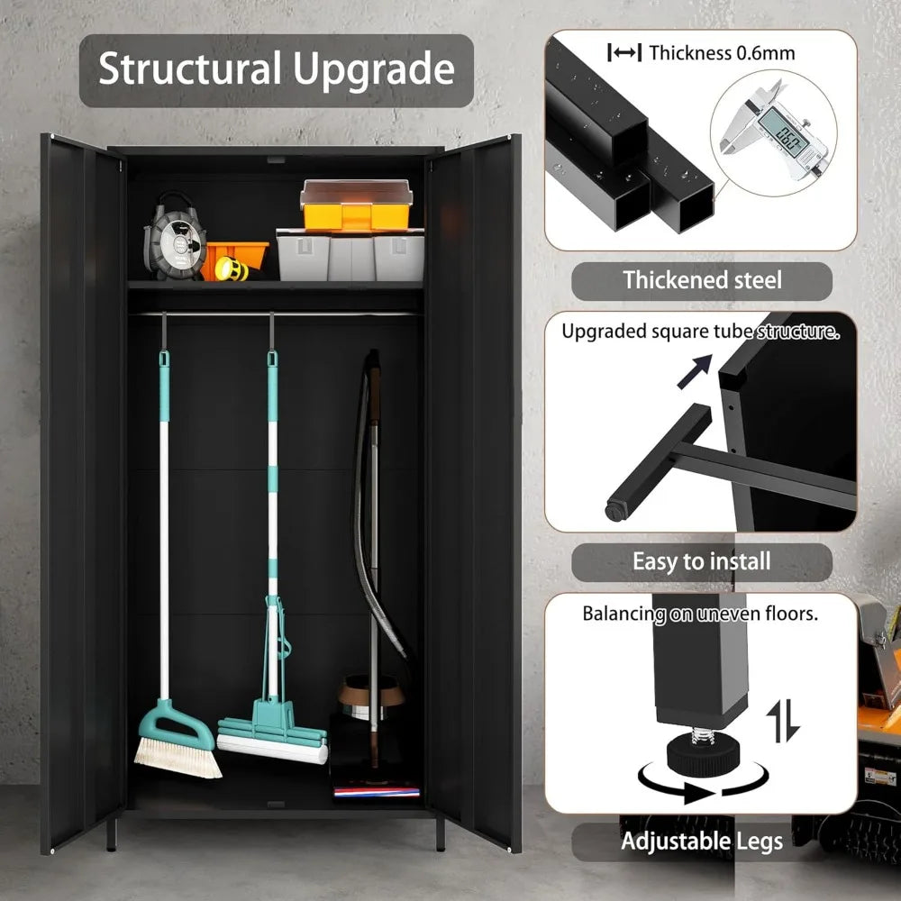Heavy-Duty Rustproof Metal Storage Cabinet with Fixed Shelf and Hanging Rod