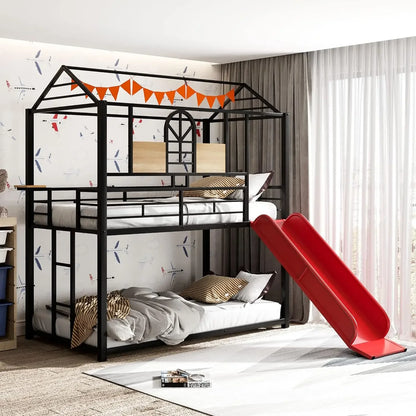 Kids Twin Over Twin Bunk Beds with Slide and Trundle with Stairs and Storage
