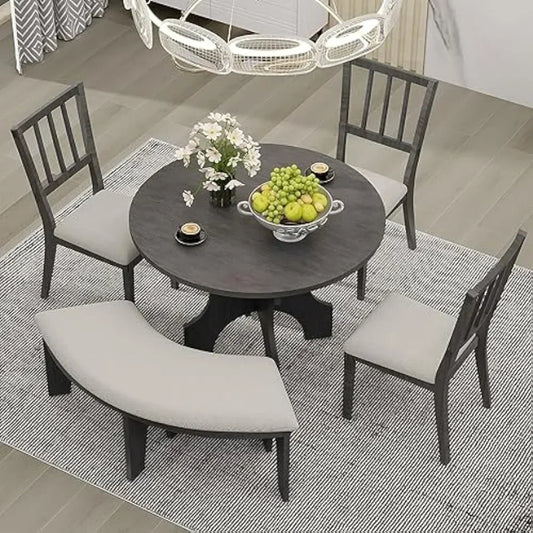 44" Round Table Set with Curved Bench & 3 Chairs