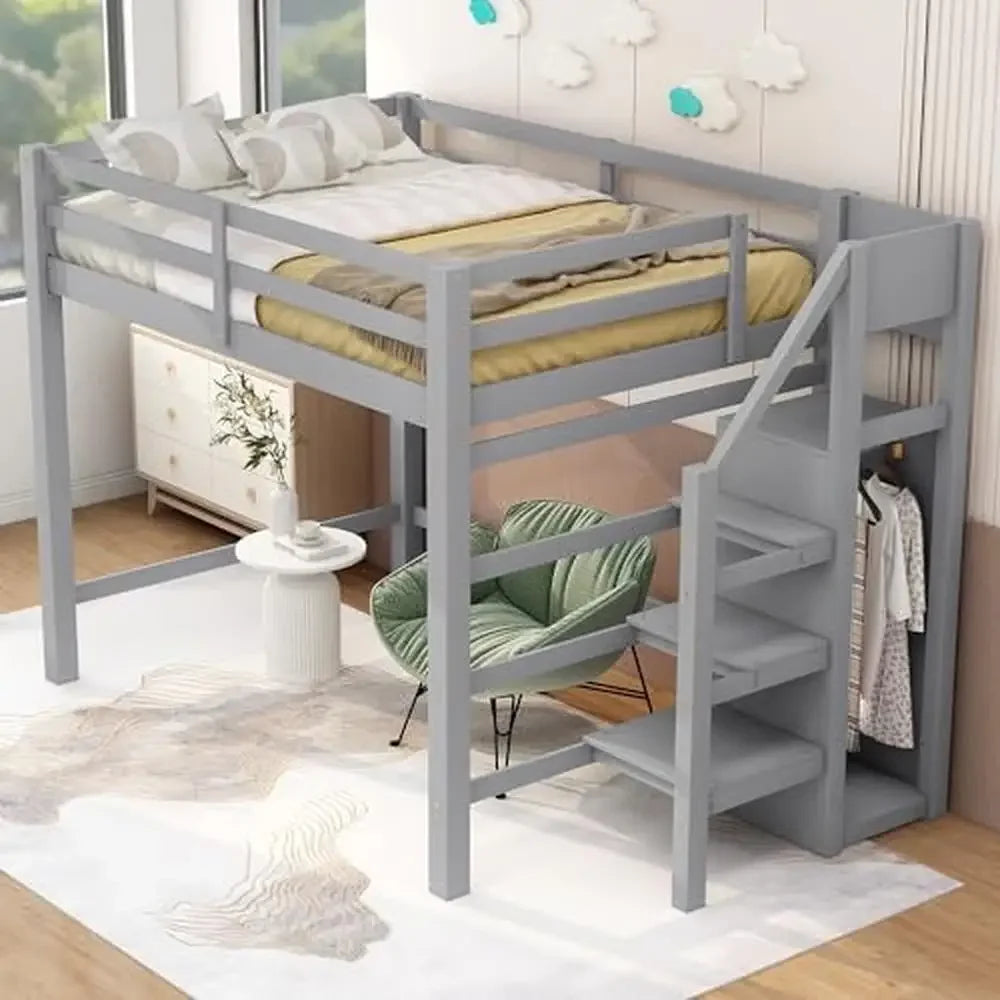 Full Size Loft Bed with Storage Wardrobe and Staircase