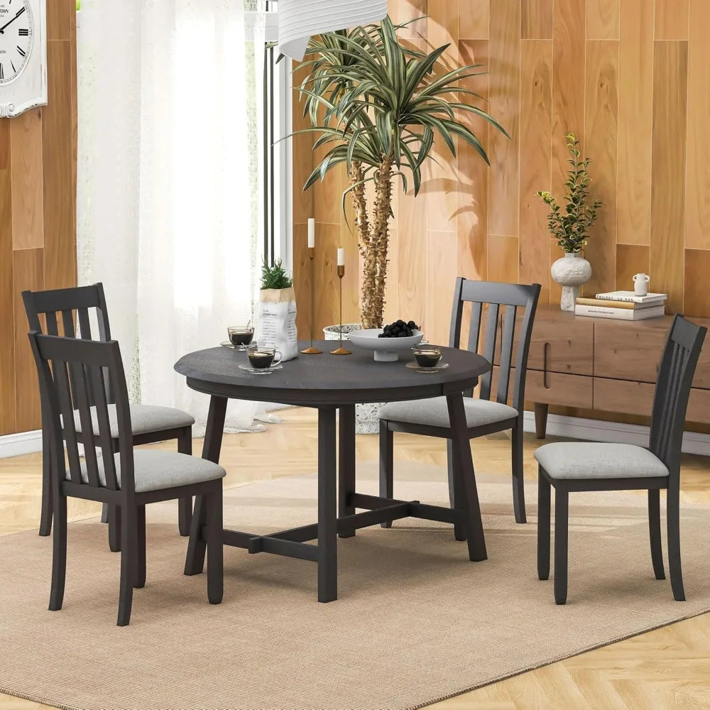 Extendable Round Wood Dining Room Table Set with Upholstered Chairs of 4-6 Persons